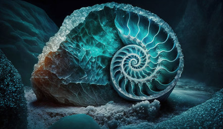 fossilized crystalline ammonite from different gems and ore, sapphire and aquamarine. Created with AI.