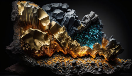 raw crystalline gem mined in a borehole. Nuggets: emerald, ruby, diamond, quartz. Created with AI.の素材