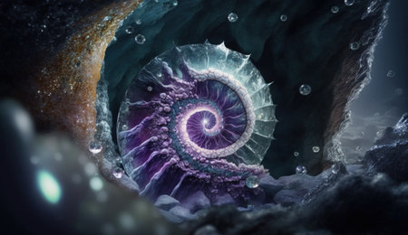fossilized crystalline ammonite from different gems and ore, sapphire and aquamarine. Created with AI.の素材