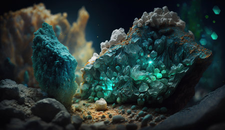 raw crystalline gem mined in a borehole. Nuggets: emerald, ruby, diamond, quartz. Created with AI.の素材