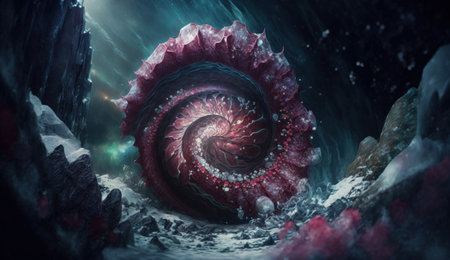 fossilized crystalline ammonite from different gems and ore, sapphire and aquamarine. Created with AI.の素材