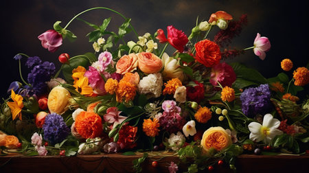 Beautiful bouquet of different flowers in a wooden box on a dark backgroundの素材