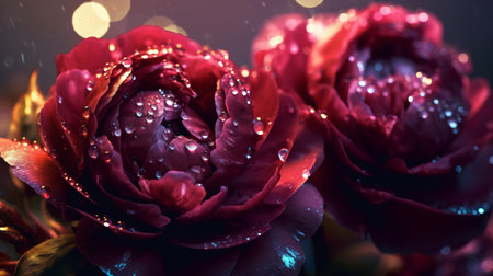 Beautiful red peony flowers with water drops on dark background.の素材