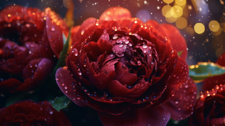 Beautiful red peony with water drops on bokeh backgroundの素材