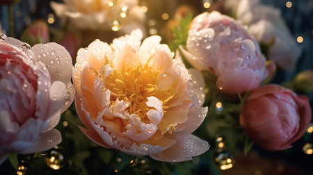 Bouquet of peonies with water drops on the petalsの素材