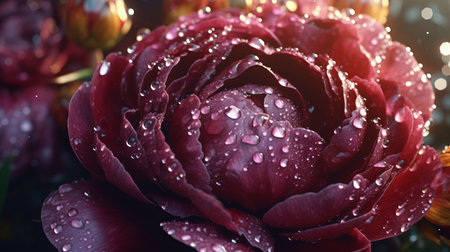Beautiful dark red peony with dew drops close-upの素材