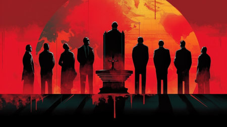 Conceptual image of business people silhouettes against red background.の素材