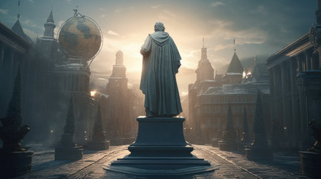 Fantasy landscape with a statue of a woman on the background of the city.の素材