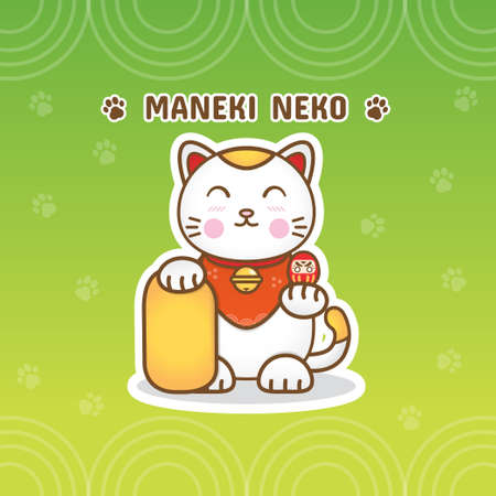 Vector gradient flat Illustration, White Maneki Neko with Koban and darumaのイラスト素材