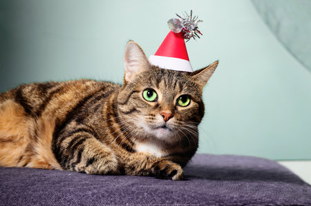 portrait of domestic striped cute shorthair cat wearing red carnival christmas hatの写真素材
