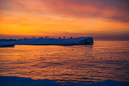 Blocks of ice on the seashore at sunset