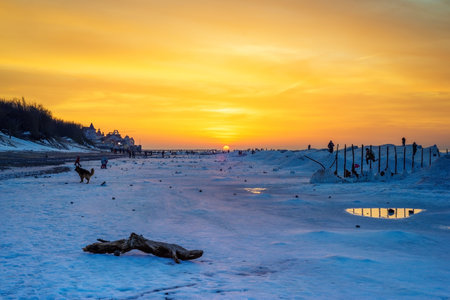 Blocks of ice on the seashore at sunsetの写真素材
