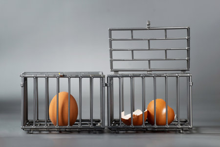 Eggs in a metal cage on a gray background. copyspace.の写真素材