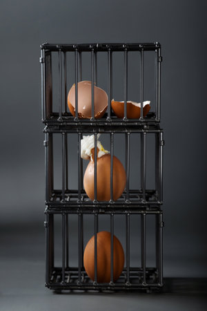 Eggs in a metal cage on a dark gray background.の写真素材
