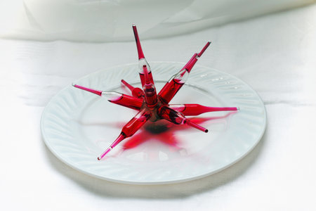 Red syringes in a white plate on a white background.の写真素材
