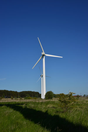 Wind turbine on a meadow with blue sky in the background.の写真素材