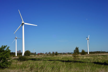 Wind turbines for electric power production, Zaragoza Province, Aragon, Spain.の写真素材