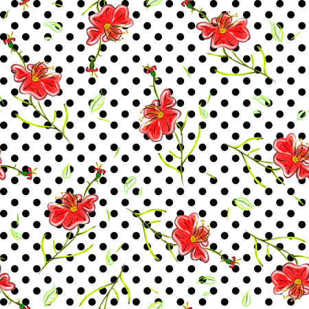 Seamless wallpapers with summer flowers, checkered polka dot background. illustrationの写真素材