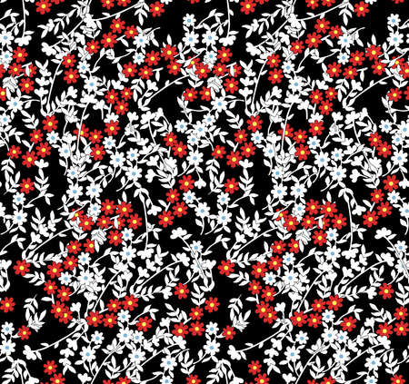 Small flowers seamless pattern. Red, yellow, white flowers on black background.の写真素材