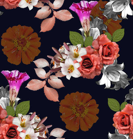 Seamless flowers; roses with lily and zinnia on Navy blue background, mixed vintageの写真素材