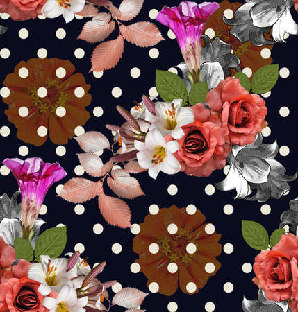Seamless flowers with polka-dot; roses with lily and zinnia on Navy blue background, mixed vintageの写真素材