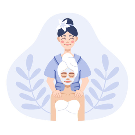 Flat illustration spa and self care. Cosmetologist and a girl in a mask.のイラスト素材