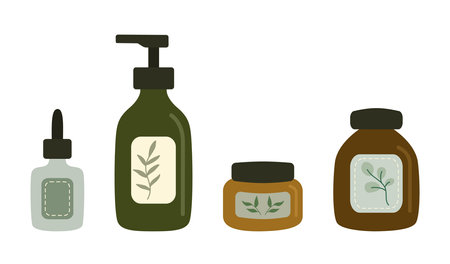 Set of cosmetic bottles eco style. Flat illustration soap and creamのイラスト素材