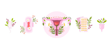 Flat illustration of uterus and feminine hygiene products with flowers. Set of elements, sanitary napkin, pad, tampon and contraceptive pills.のイラスト素材