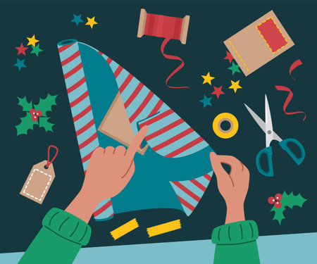 The process of wrapping Christmas gifts. Wrapping paper, scissors and ribbons in flat style.のイラスト素材