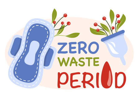 Zero waste period lettering. Illustration of reusable pad and menstrual cupのイラスト素材