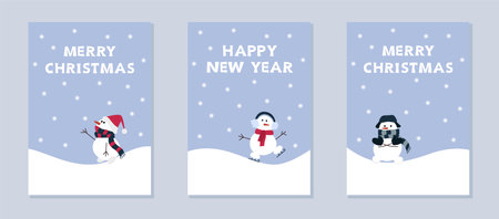 Set of Christmas cards with cute funny snowmen. Merry christmas and happy new year lettering.のイラスト素材