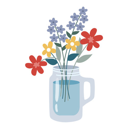 Illustration of a cute bouquet of wild flowers in a jar in flat styleのイラスト素材