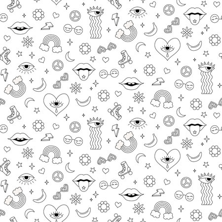 Seamless vector pattern retro vintage 70s groovy hippy style. Doodle flowers, rainbow, lips, eyes with tear, roller-skates and sunglasses.のイラスト素材