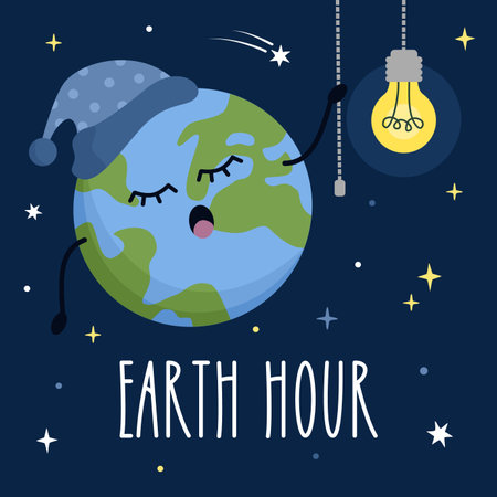 Earth hour day. Cute cartoon globe earth turns off the light bulb in space. Flat illustration.のイラスト素材