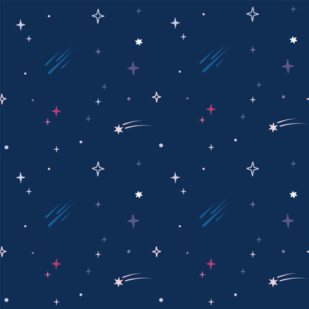 Seamless pattern with cute roses and lilac cartoon stars and comets on a dark blue background. Cosmic background.のイラスト素材