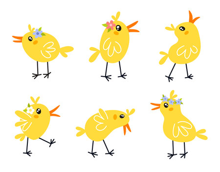Cute cartoon chickens with spring flowers. Easter illustration in flat style.のイラスト素材
