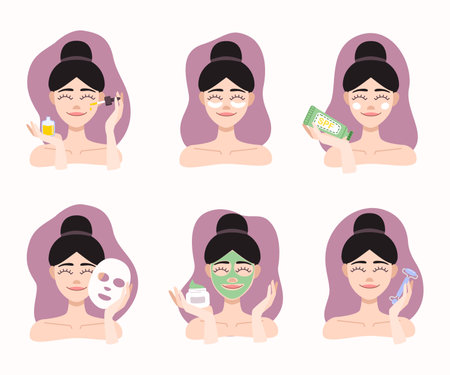 Set of flat icon beauty procedure. Girls use facial oil, eye patches, facial mask, spf, cream, roller.のイラスト素材
