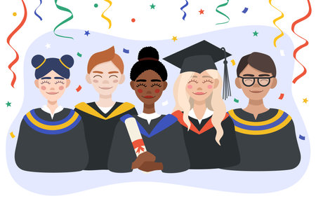 Students of different nationalities celebrating graduation. Portrait of a group of students in robes. Illustration in flat style.のイラスト素材