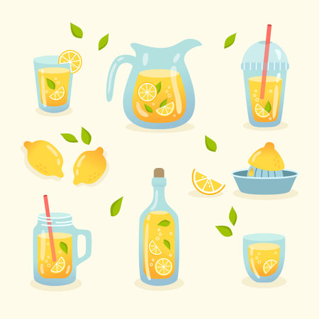 Set of lemonade elements in flat style. Glasses with a straw, a jug, a bottle of lemonade, a juicer. Refreshing drinks with lemon.のイラスト素材