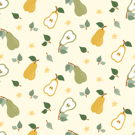 Cute pattern with yellow and green pears and flowers in flat style.のイラスト素材