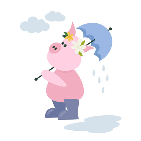 Cute cartoon pig with boots and umbrella in flat style. Spring character standing in the rain.のイラスト素材