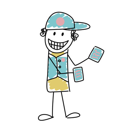 Funny cartoon doodle simple character in uniform handing out flyersのイラスト素材