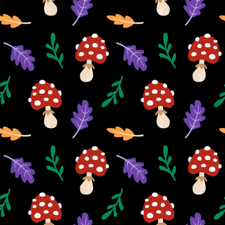 Seamless pattern with cute cartoon flat fly agaric and bright autumn leaves on a black backgroundのイラスト素材