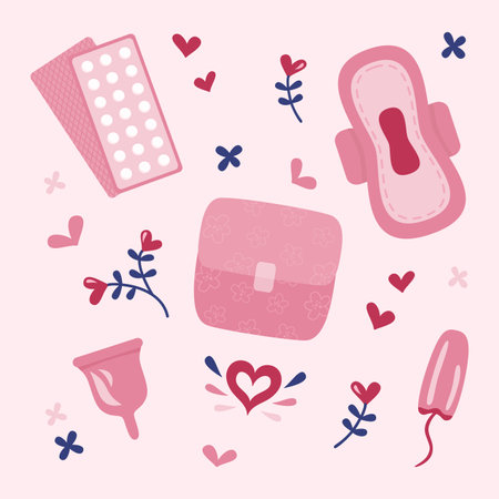 Set of feminine hygiene and health elements in cute flat style. Menstrual pad, cup, tampon. Hormonal contraceptives.のイラスト素材