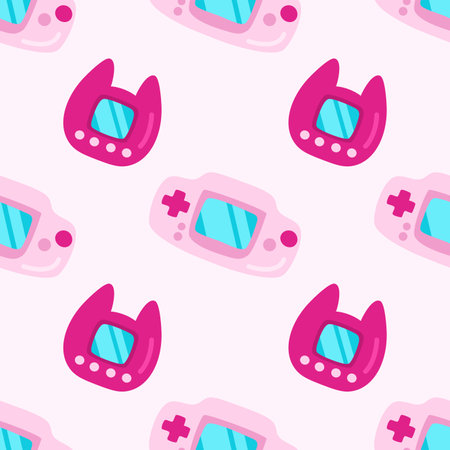90s 00s seamless pattern game console and tamagotchi in flat cartoon style. Pink background computer games, pop art.のイラスト素材