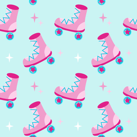 90s seamless pattern pink roller skates in flat cartoon style with stars on blue backgroundのイラスト素材