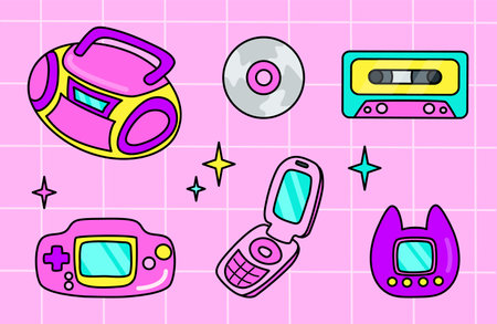 00s pink set of electronic elements in flat cartoon style.Tape recorder, CD, cassette, game console, mobile phone, Japanese toy.のイラスト素材