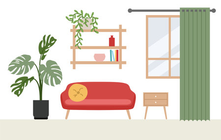 Living room modern interior with house plants in flat style. Sofa, bookshelf, potted palm tree on a white background. vector illustrationのイラスト素材