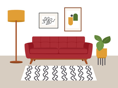 Living room interior flat style. Red sofa, carpet, floor lamp, posters on a white background.のイラスト素材