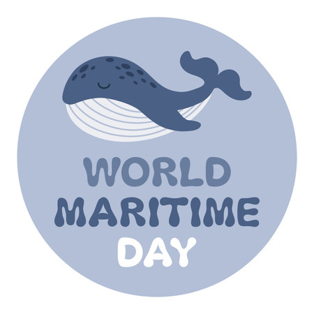 World maritime day design concept sticker. Symbol of a cartoon blue whale. vector illustrationのイラスト素材